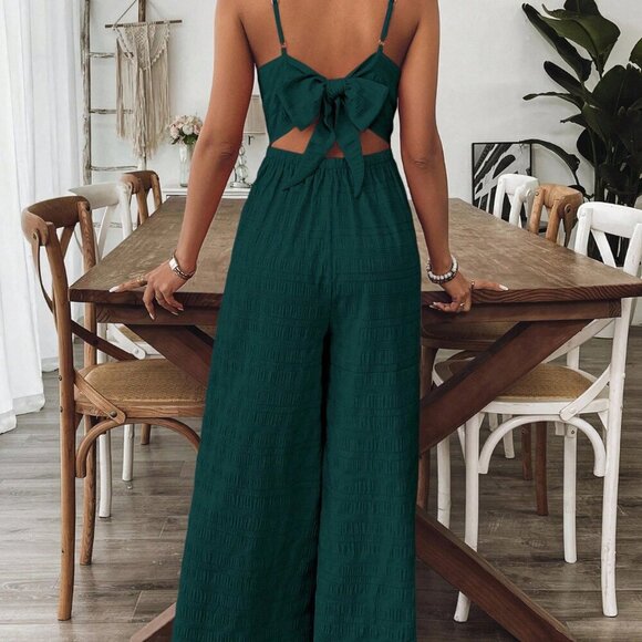 Dark Green Boho Women's V-Neck Backless Bowknot Romper - Picture 2 of 6